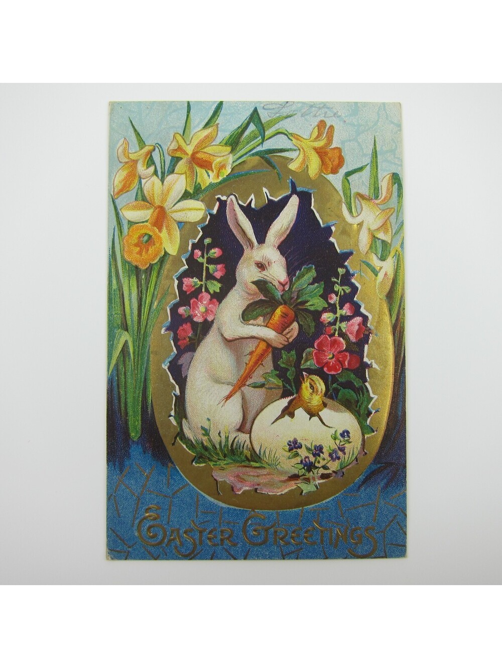 Easter Postcard Rabbit Carrot Chick Hatch Flowers Egg Gold Embossed Antique 1910